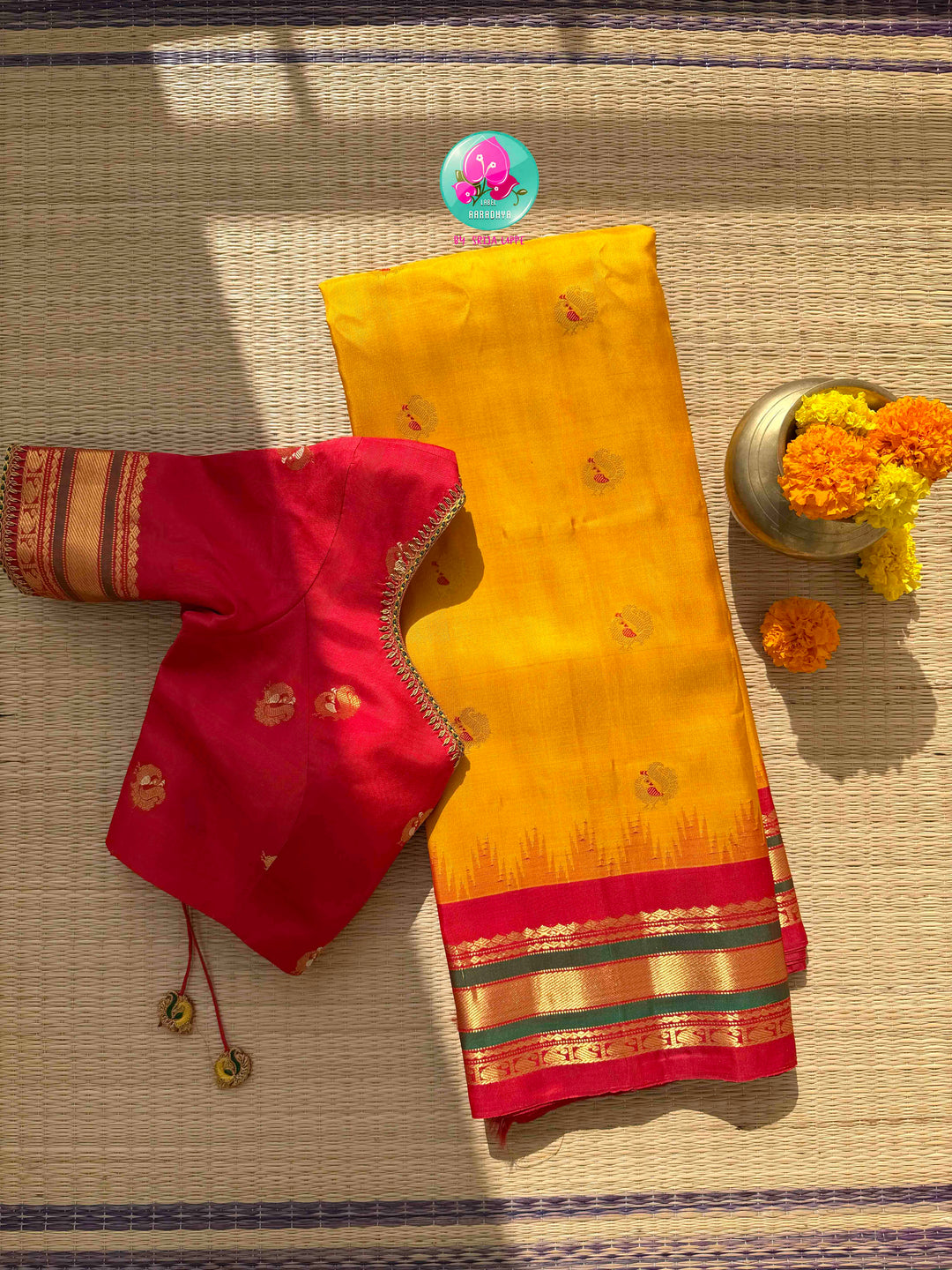 Ethereal Sunset Glow: Sunshine Yellow Gadwal Silk Saree with 1g gold zari kanchi border fusion paired with Hand-Embroidered Crimson Red Blouse