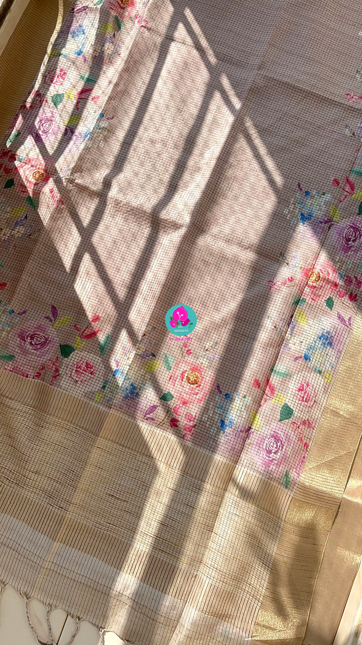 Tussar Zari Checks Saree with Pretty Floral Digital print paired with Blouse