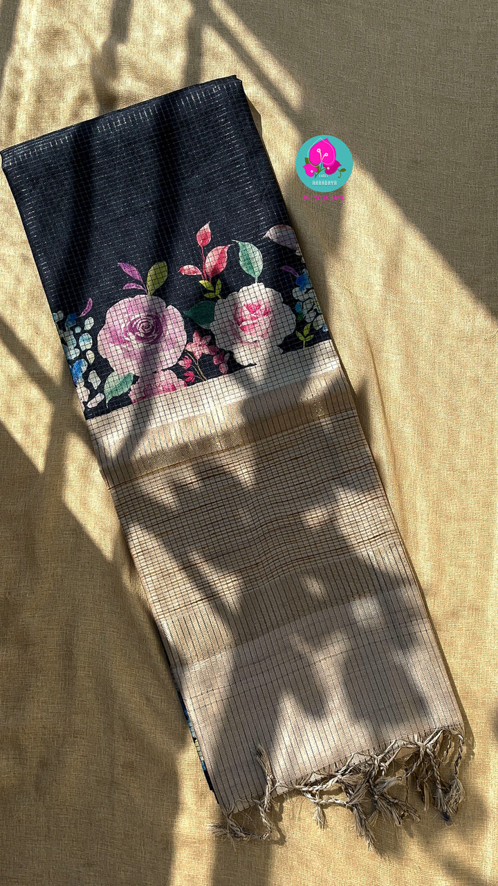 Tussar Zari Checks Saree with Pretty Floral Digital print paired with Blouse