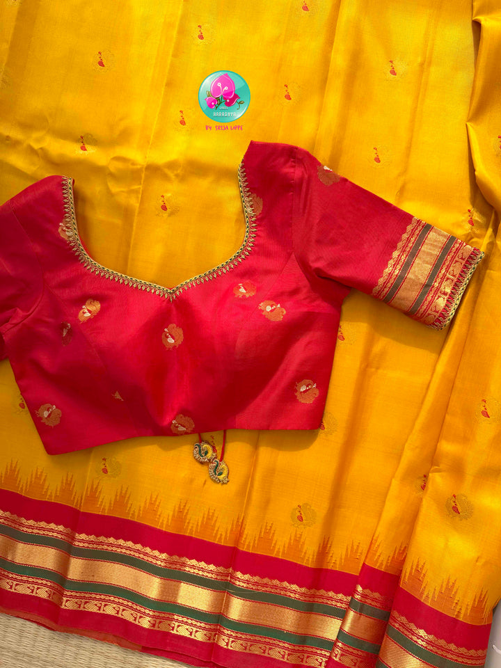Ethereal Sunset Glow: Sunshine Yellow Gadwal Silk Saree with 1g gold zari kanchi border fusion paired with Hand-Embroidered Crimson Red Blouse