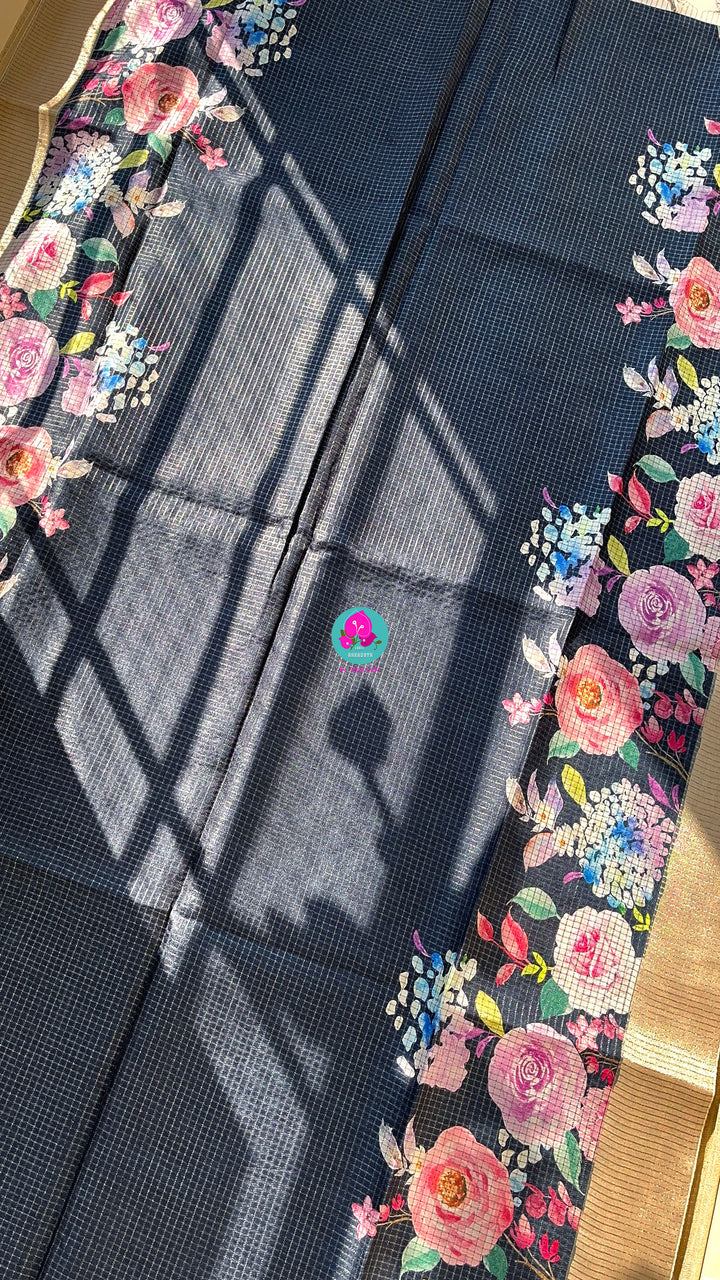 Tussar Zari Checks Saree with Pretty Floral Digital print paired with Blouse