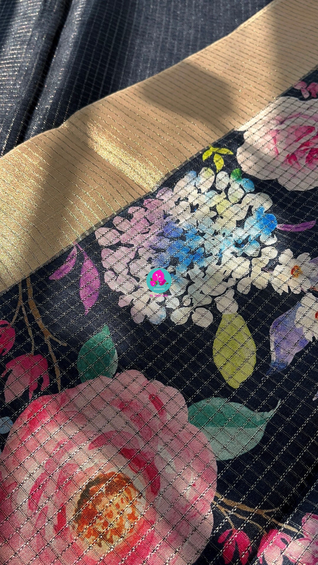 Tussar Zari Checks Saree with Pretty Floral Digital print paired with Blouse
