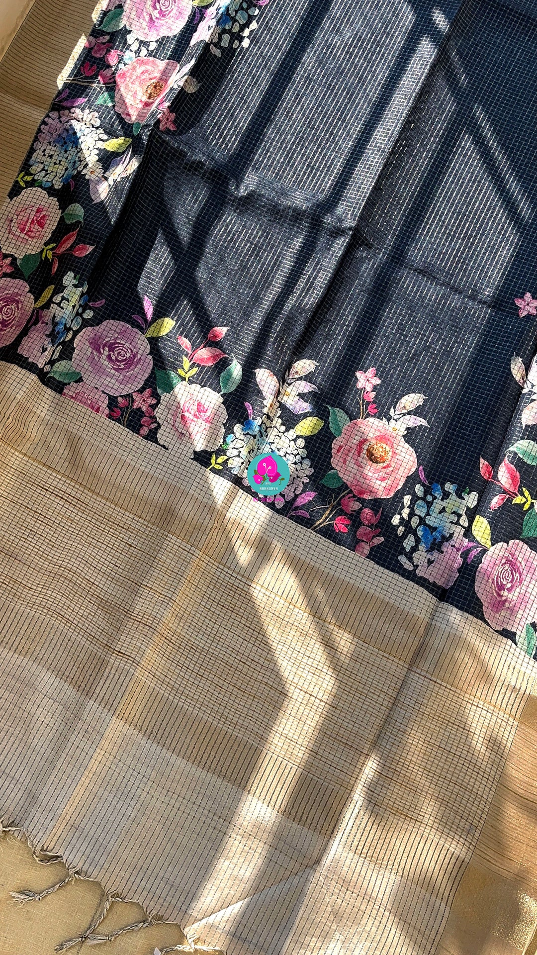 Tussar Zari Checks Saree with Pretty Floral Digital print paired with Blouse