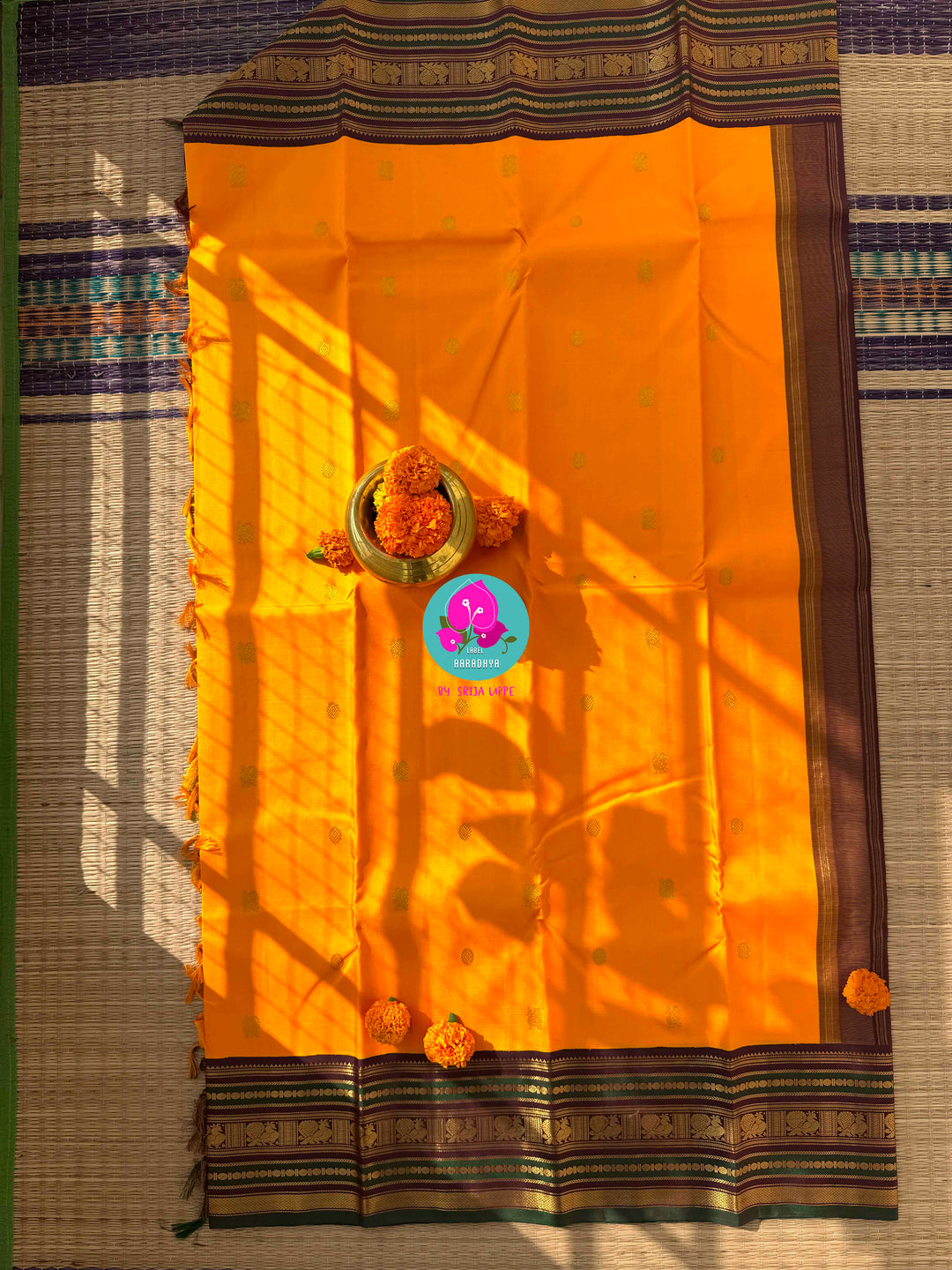 A Harvest of Gold: Mustard Yellow Kanchipattu with a Deep Earth-Brown Zari Border