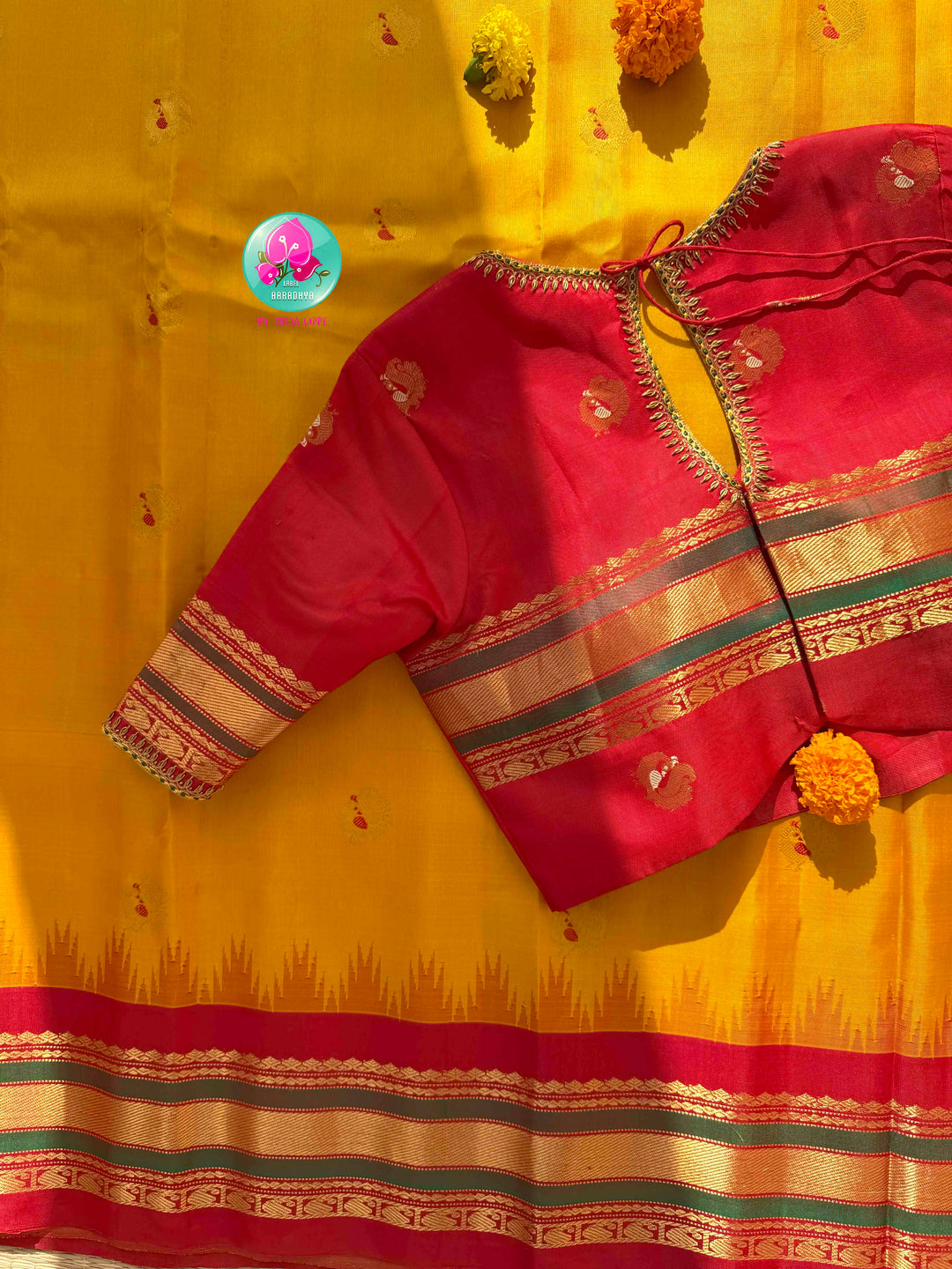 Ethereal Sunset Glow: Sunshine Yellow Gadwal Silk Saree with 1g gold zari kanchi border fusion paired with Hand-Embroidered Crimson Red Blouse
