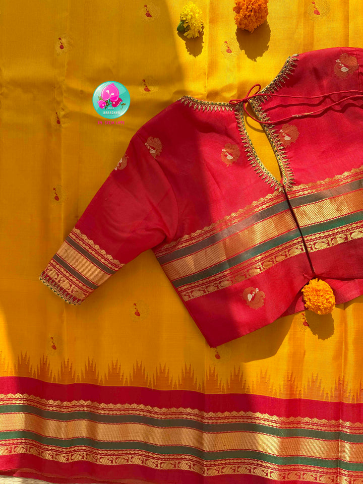 Ethereal Sunset Glow: Sunshine Yellow Gadwal Silk Saree with 1g gold zari kanchi border fusion paired with Hand-Embroidered Crimson Red Blouse