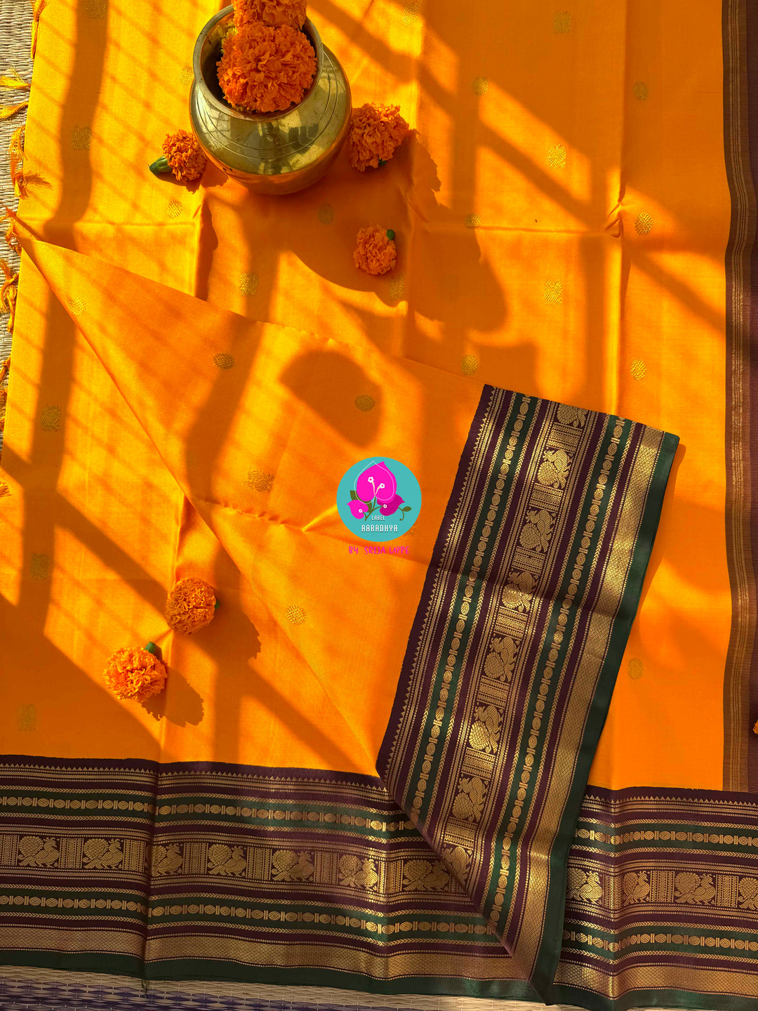 A Harvest of Gold: Mustard Yellow Kanchipattu with a Deep Earth-Brown Zari Border