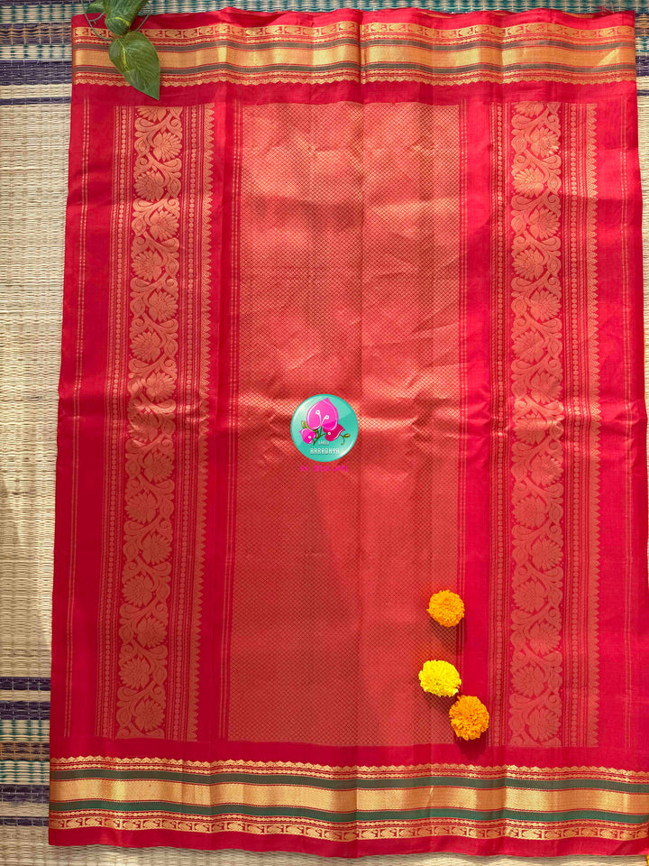 Ethereal Sunset Glow: Sunshine Yellow Gadwal Silk Saree with 1g gold zari kanchi border fusion paired with Hand-Embroidered Crimson Red Blouse