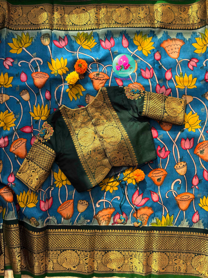 Artisanal Water Garden: Pure Gadwal Handloom Pen Kalamkari Saree & Bottle Green Maggam Blouse