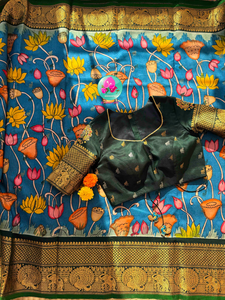 Artisanal Water Garden: Pure Gadwal Handloom Pen Kalamkari Saree & Bottle Green Maggam Blouse