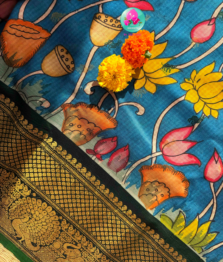 Artisanal Water Garden: Pure Gadwal Handloom Pen Kalamkari Saree & Bottle Green Maggam Blouse
