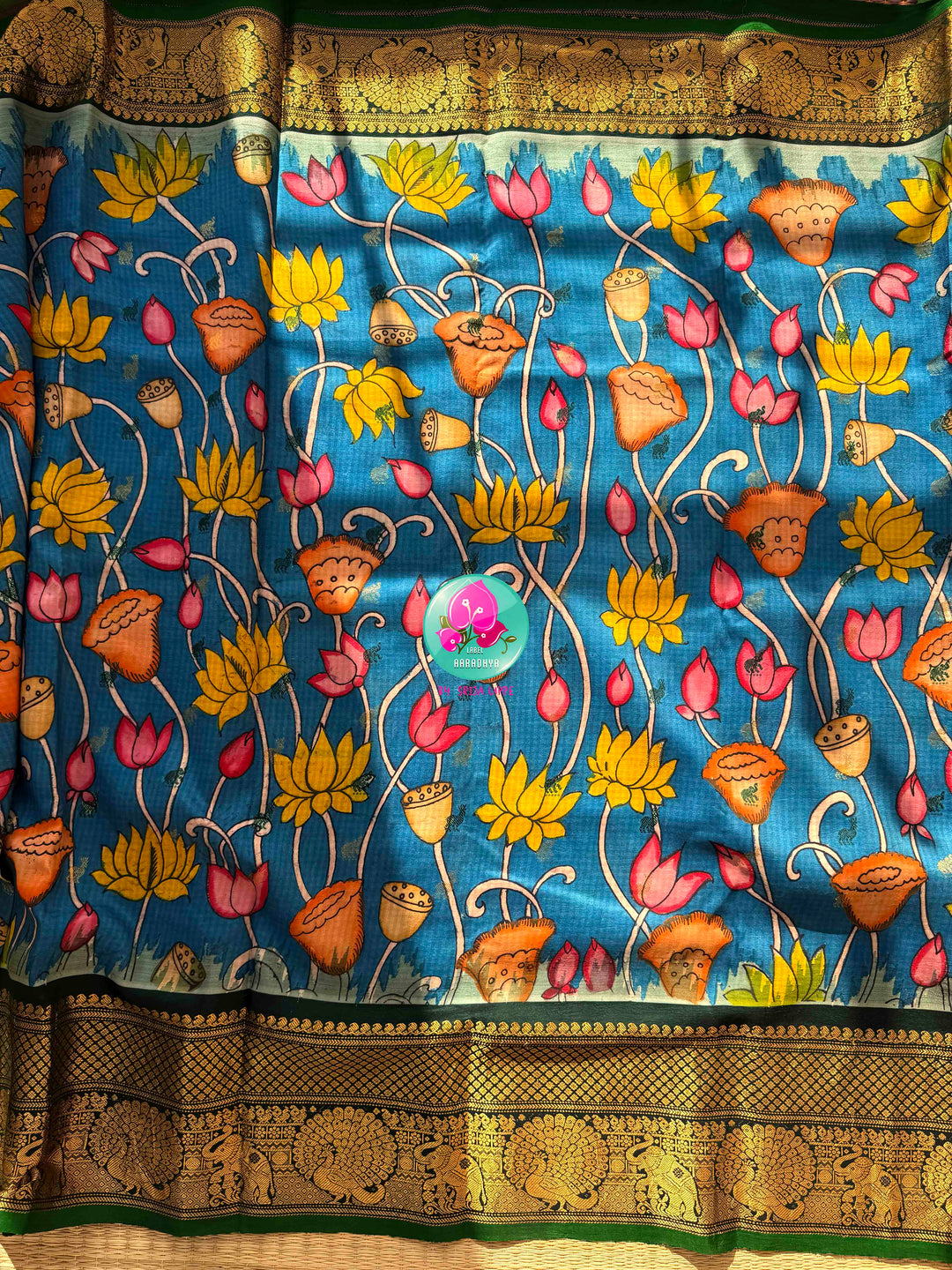 Artisanal Water Garden: Pure Gadwal Handloom Pen Kalamkari Saree & Bottle Green Maggam Blouse