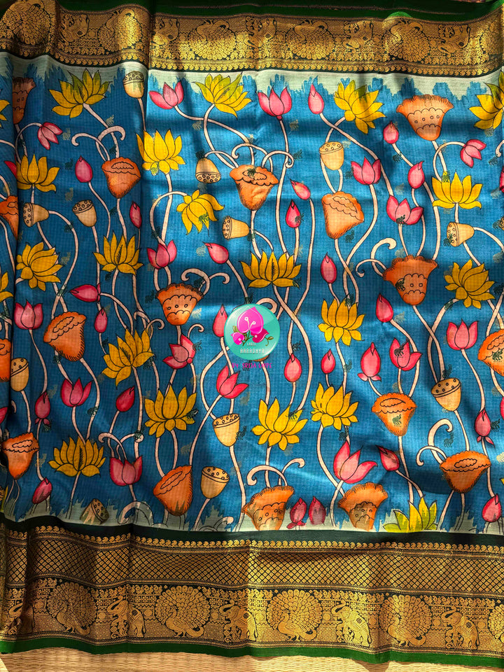 Artisanal Water Garden: Pure Gadwal Handloom Pen Kalamkari Saree & Bottle Green Maggam Blouse