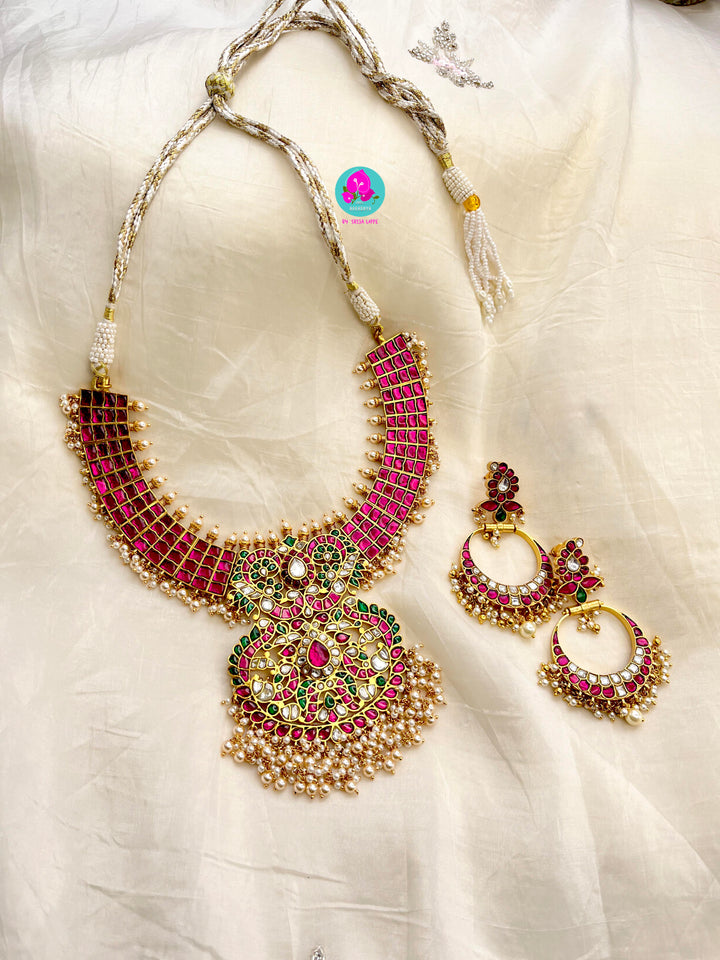 Jadau Kundan Heavy Necklacewith 22K genuine gold plating on a premium alloy Paired with Chandbali earrings