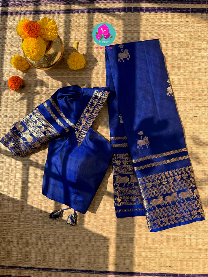 Celestial Sapphire: Royal Blue Pure Kanchipattu Saree with Antique Zari & Artisan Nandhini Motifs