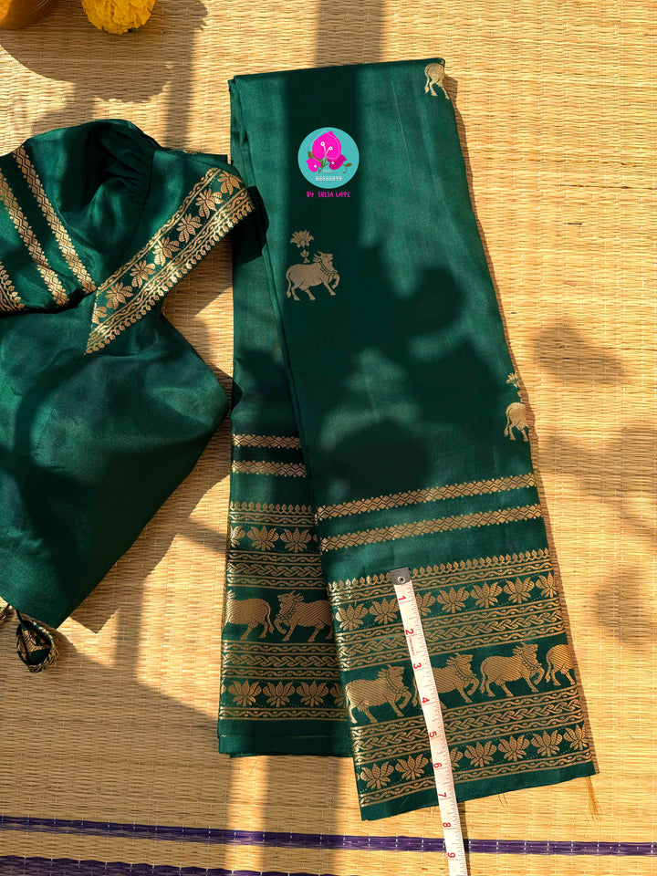 Forest Whispers: Deep Bottle Green Pure Kanchi Silk Saree in Timeless Antique Zari