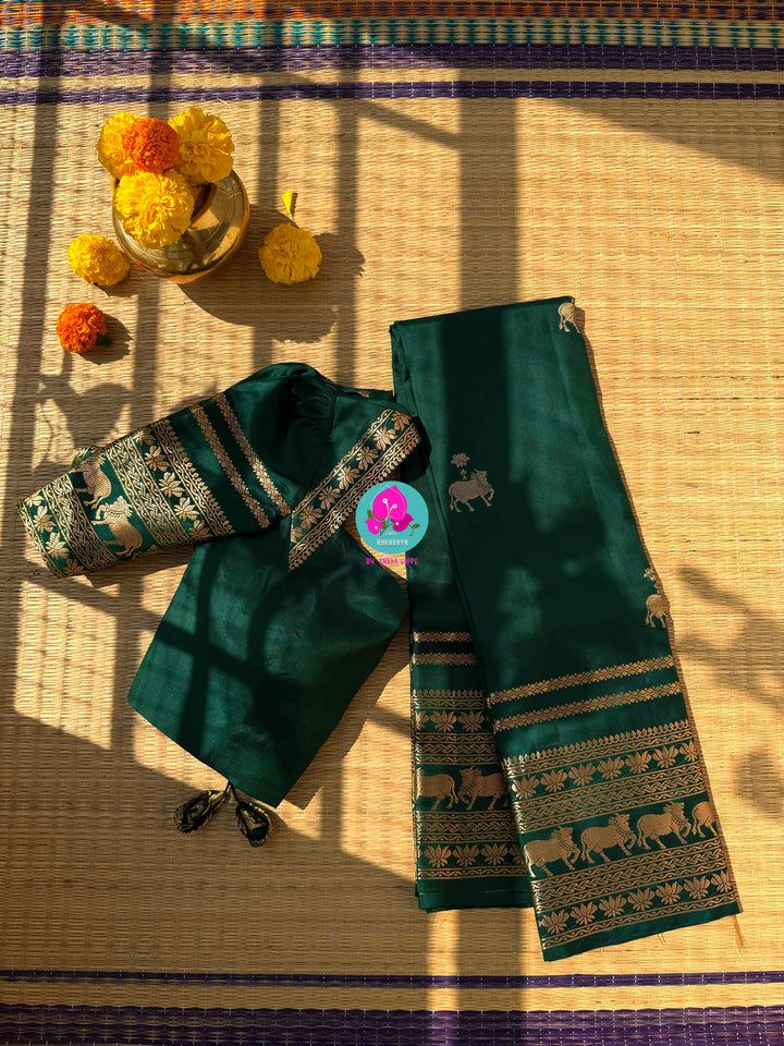 Forest Whispers: Deep Bottle Green Pure Kanchi Silk Saree in Timeless Antique Zari