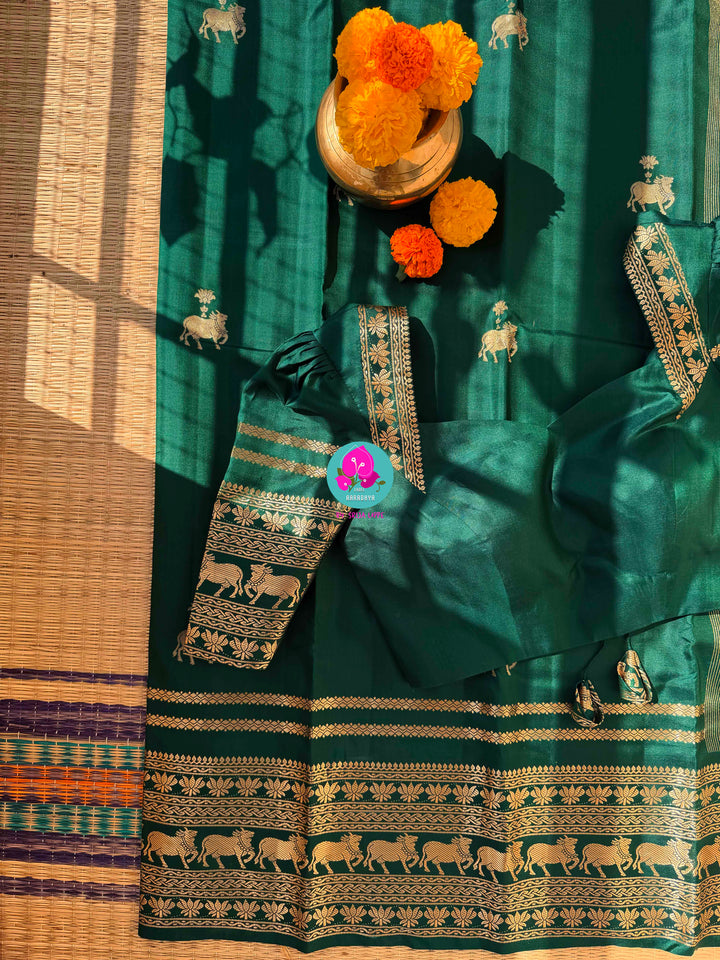 Forest Whispers: Deep Bottle Green Pure Kanchi Silk Saree in Timeless Antique Zari