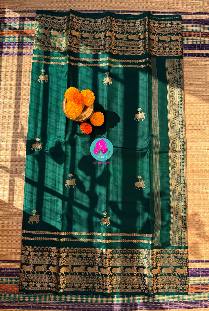 Forest Whispers: Deep Bottle Green Pure Kanchi Silk Saree in Timeless Antique Zari