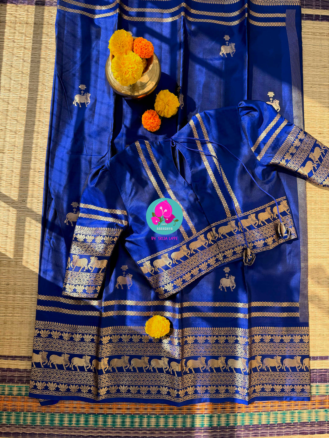 Celestial Sapphire: Royal Blue Pure Kanchipattu Saree with Antique Zari & Artisan Nandhini Motifs