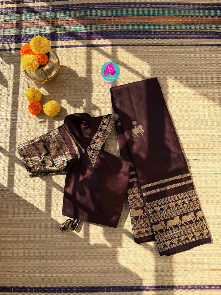 Gilded Earth: Rich Coffee Brown Pure Kanchipuram Silk Saree in Timeless Antique Zari