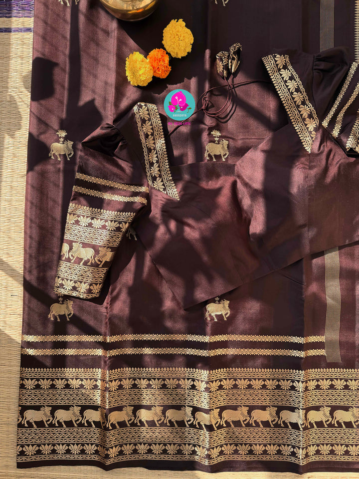 Gilded Earth: Rich Coffee Brown Pure Kanchipuram Silk Saree in Timeless Antique Zari