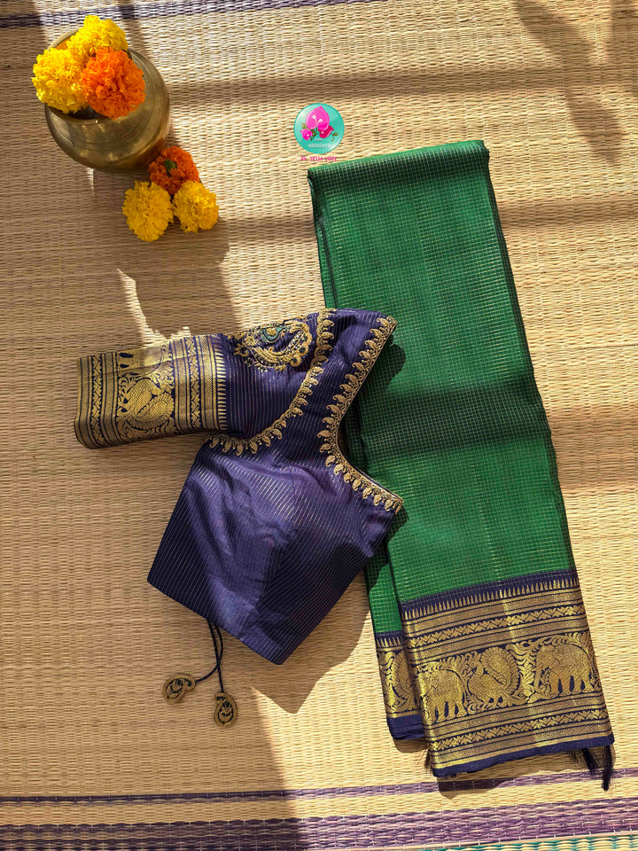 Peacock Splendor: Emerald Green Vaira Oosi Kanchipattu Silk Saree & Royal Blue Maggam Blouse