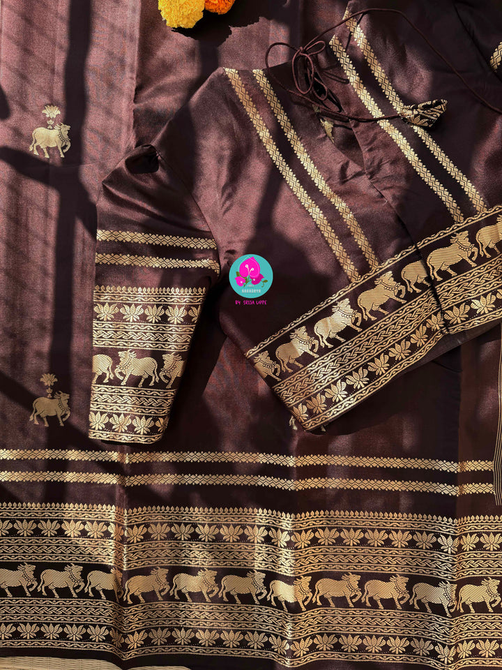 Gilded Earth: Rich Coffee Brown Pure Kanchipuram Silk Saree in Timeless Antique Zari