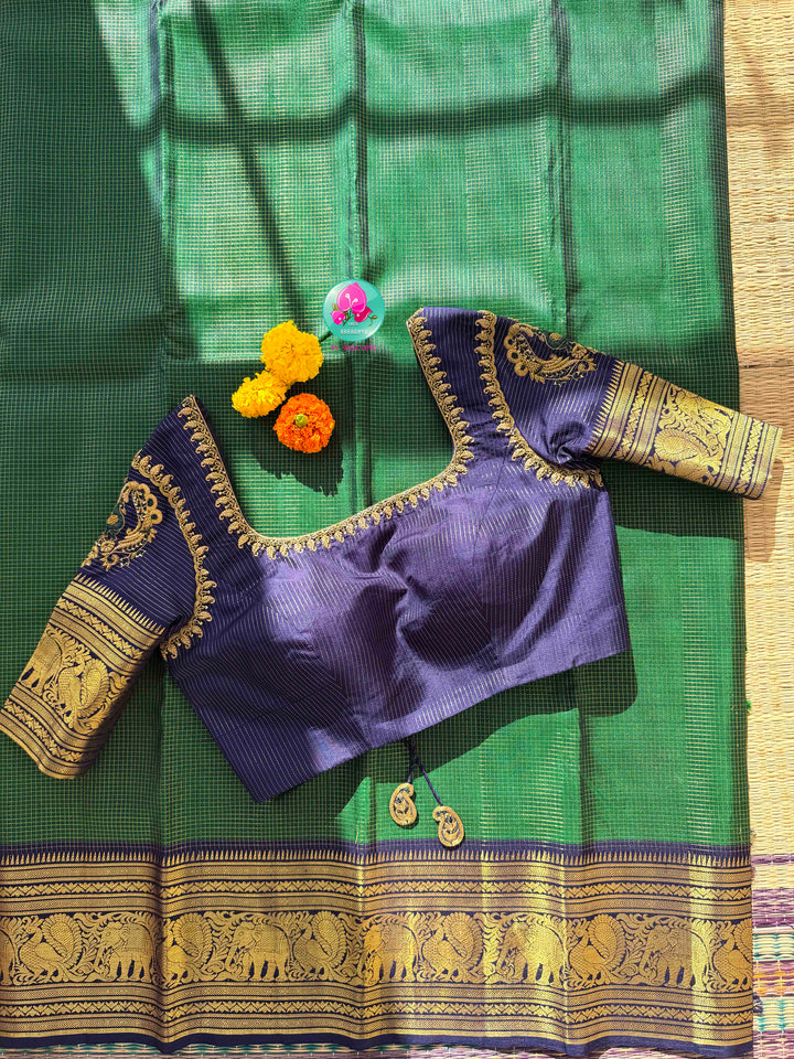 Peacock Splendor: Emerald Green Vaira Oosi Kanchipattu Silk Saree & Royal Blue Maggam Blouse