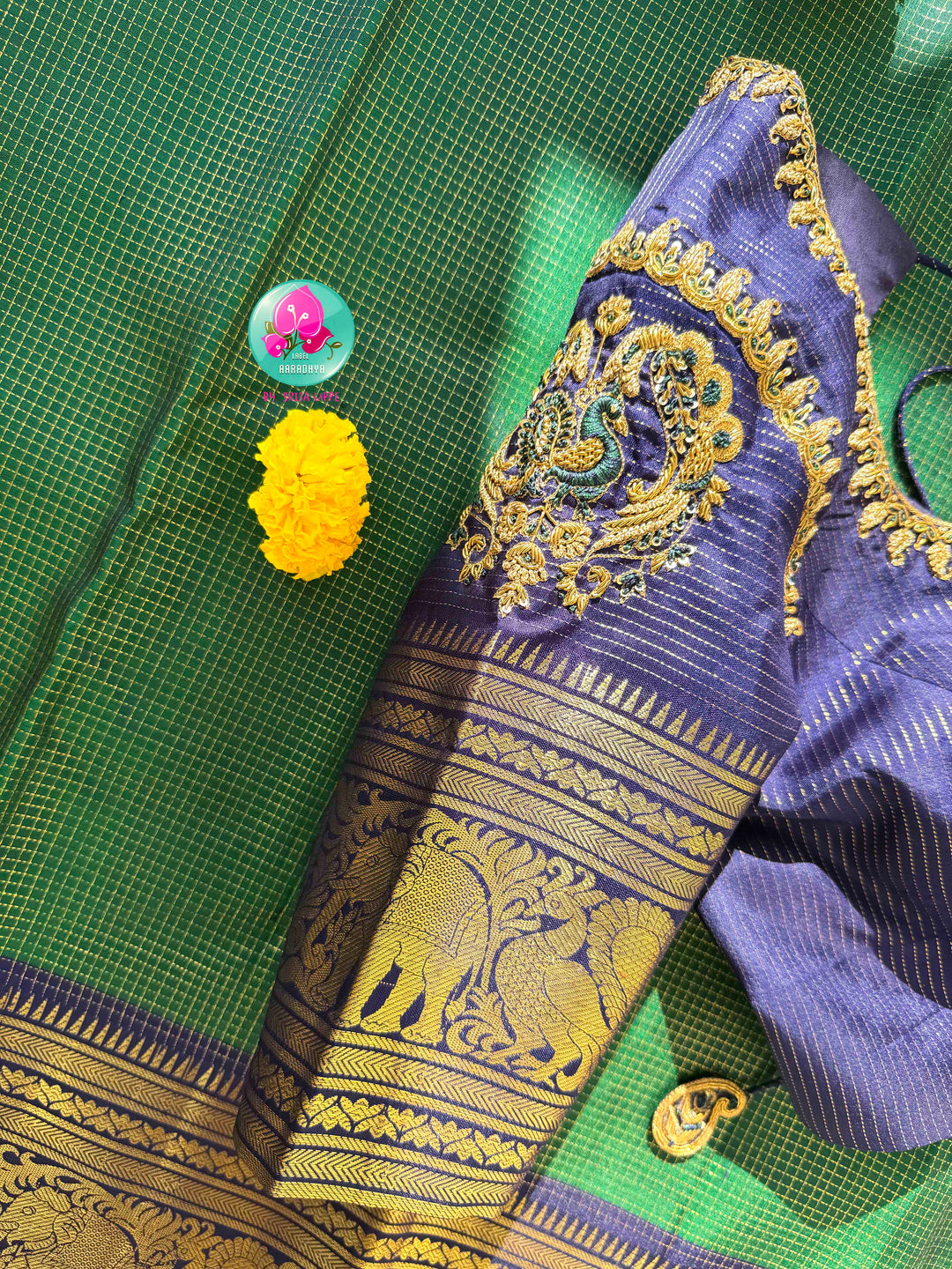 Peacock Splendor: Emerald Green Vaira Oosi Kanchipattu Silk Saree & Royal Blue Maggam Blouse
