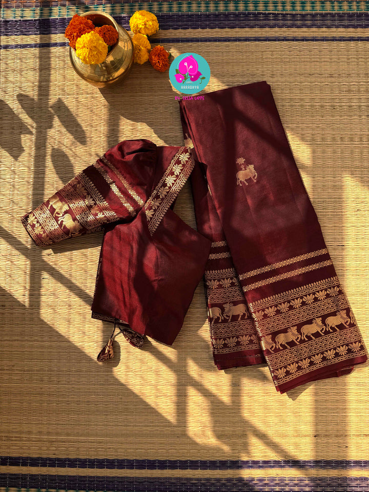 Eternal Elegance: Deep Maroon Pure Kanchi Silk in Soulful Antique Zari