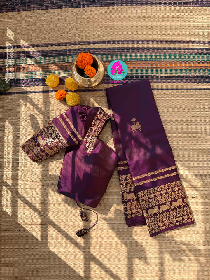 Vintage Majesty: Rich Plum Pure Kanchi Silk Saree in Timeless Antique Zari