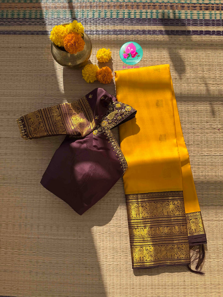 Sacred Earth & Radiant Haldi: Yellow 2G Pure Kanchipattu Silk Saree & Earthen Brown Maggam Blouse