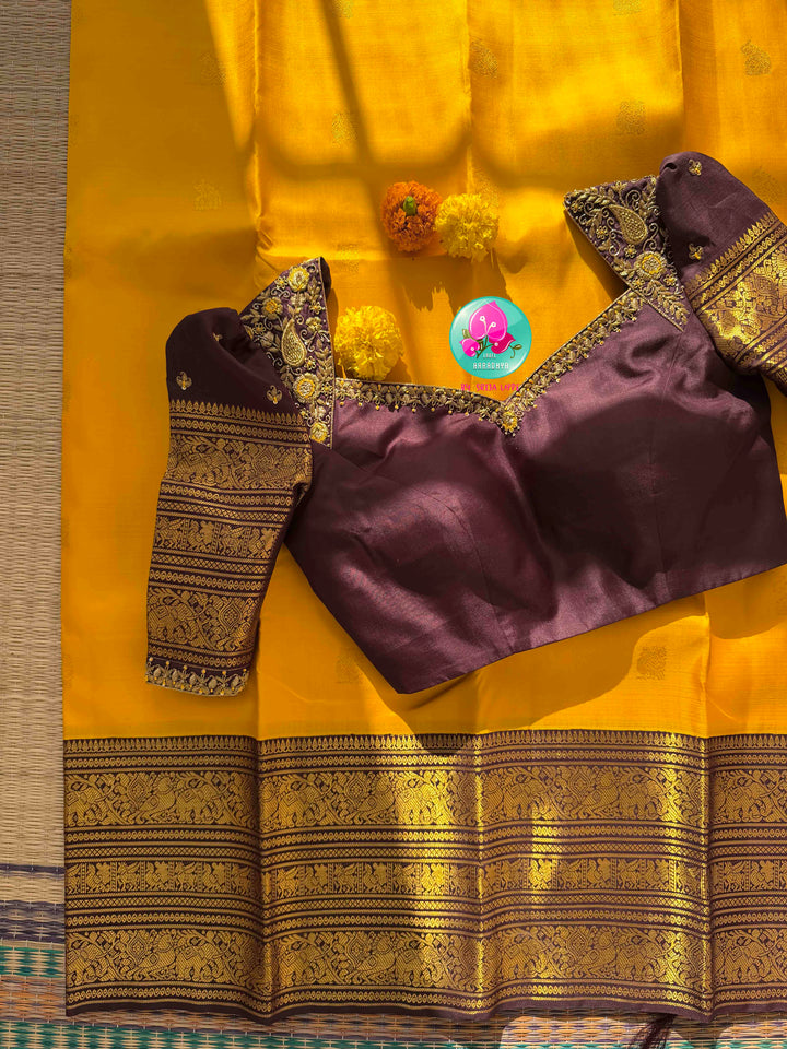 Sacred Earth & Radiant Haldi: Yellow 2G Pure Kanchipattu Silk Saree & Earthen Brown Maggam Blouse