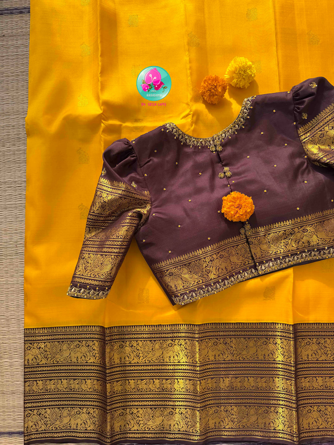 Sacred Earth & Radiant Haldi: Yellow 2G Pure Kanchipattu Silk Saree & Earthen Brown Maggam Blouse