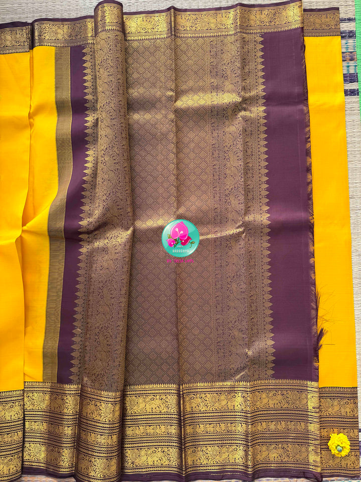 Sacred Earth & Radiant Haldi: Yellow 2G Pure Kanchipattu Silk Saree & Earthen Brown Maggam Blouse