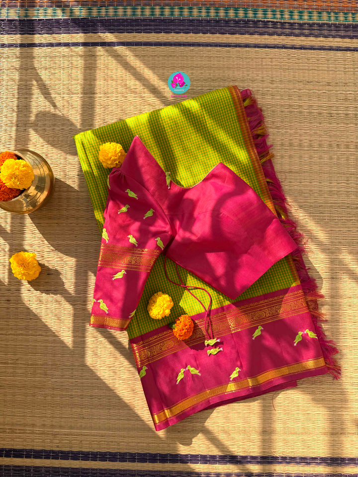 Checkered Nostalgia: Vintage Multi-Hued Kanchipattu with Hand-Embroidered Bird Artistry