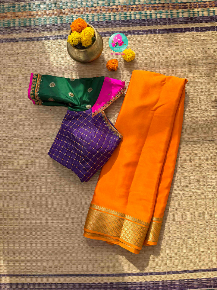 Vibrant Sunburst & Multi-Color Silk Artistry: 120gsm Pure Mysore Silk Saree with All-Over Hand-Embroidered Blouse