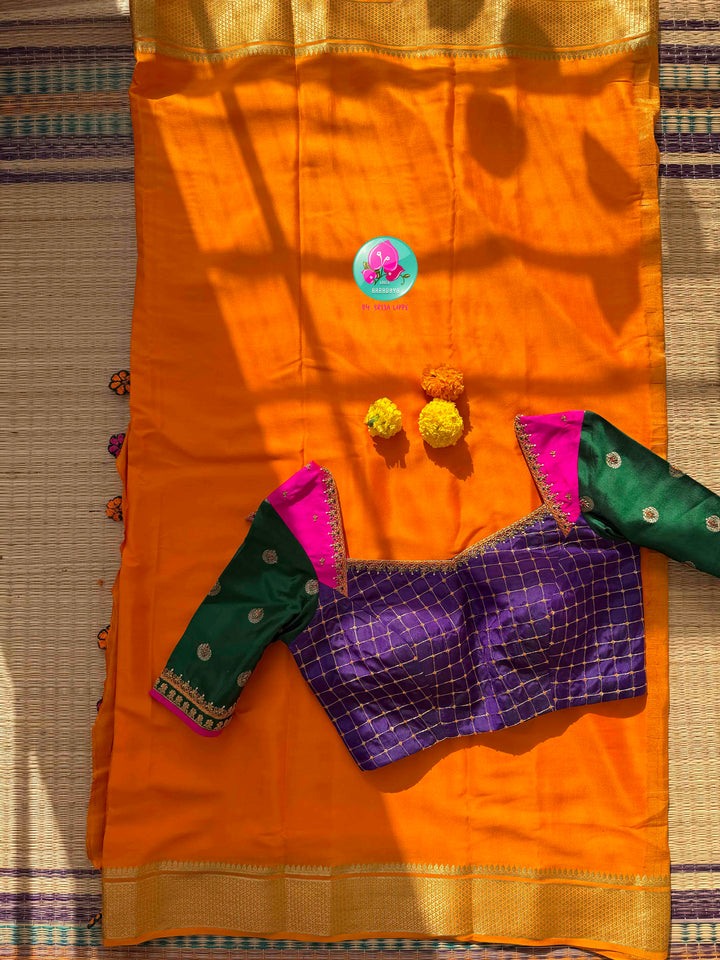 Vibrant Sunburst & Multi-Color Silk Artistry: 120gsm Pure Mysore Silk Saree with All-Over Hand-Embroidered Blouse