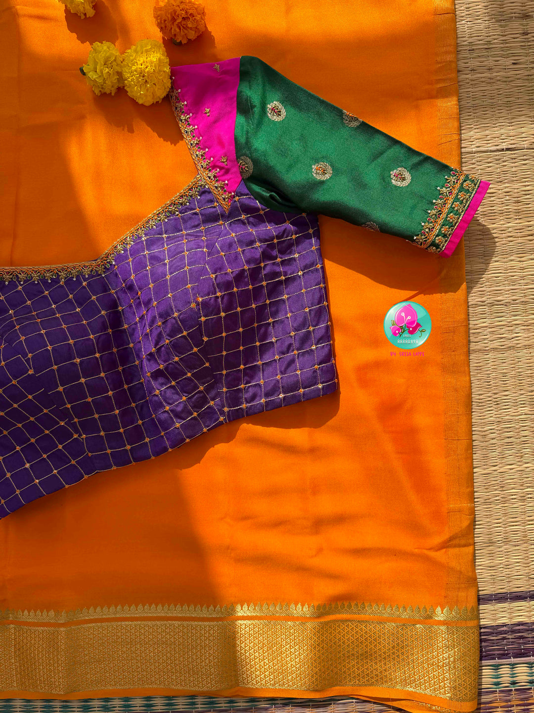 Vibrant Sunburst & Multi-Color Silk Artistry: 120gsm Pure Mysore Silk Saree with All-Over Hand-Embroidered Blouse