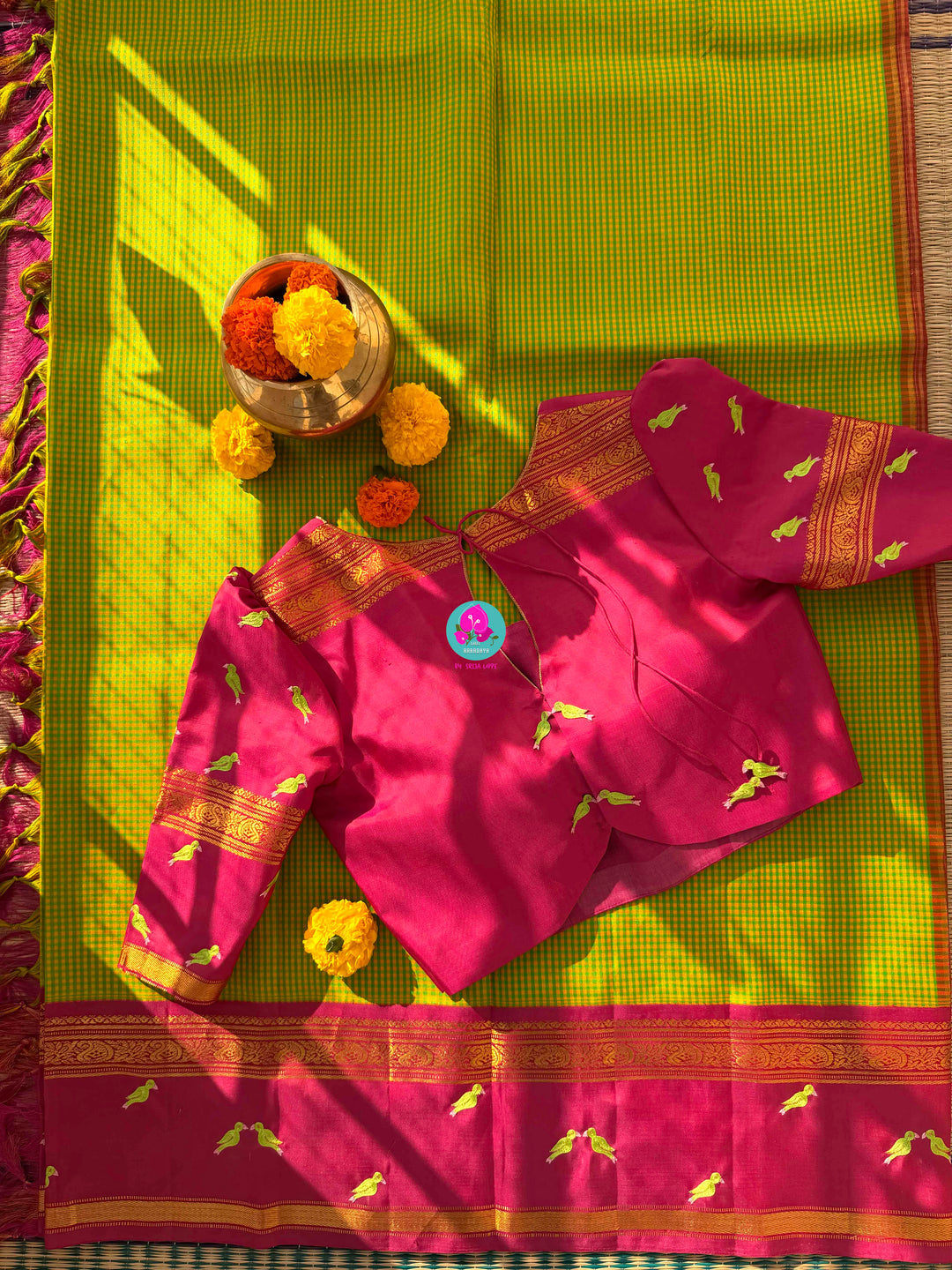 Checkered Nostalgia: Vintage Multi-Hued Kanchipattu with Hand-Embroidered Bird Artistry