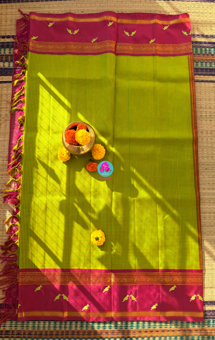 Checkered Nostalgia: Vintage Multi-Hued Kanchipattu with Hand-Embroidered Bird Artistry