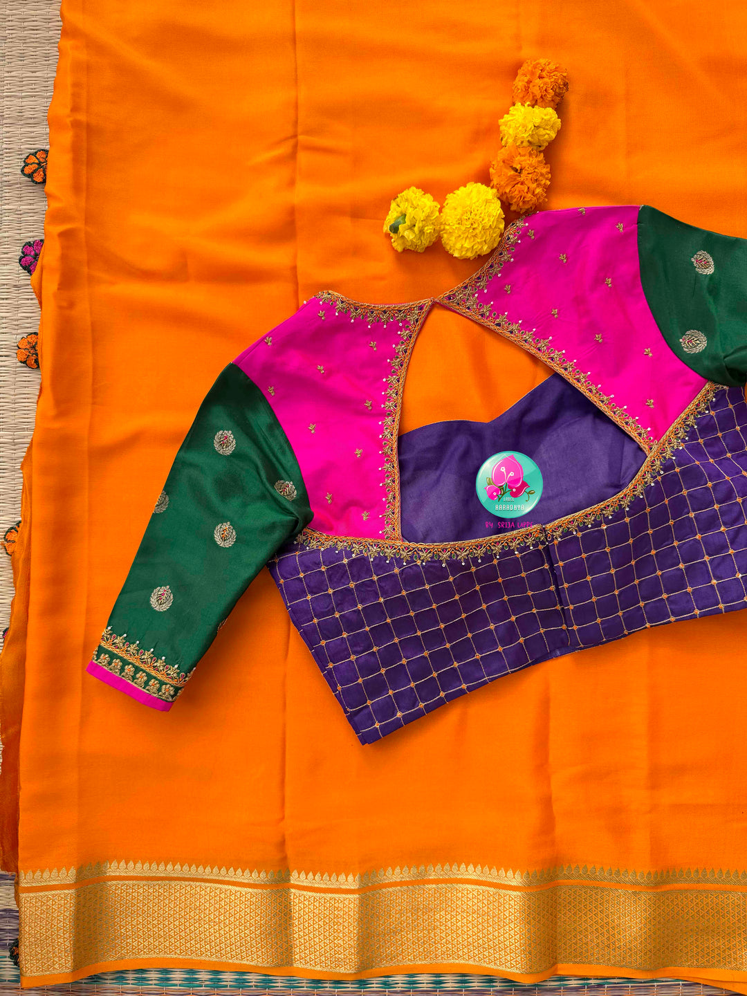 Vibrant Sunburst & Multi-Color Silk Artistry: 120gsm Pure Mysore Silk Saree with All-Over Hand-Embroidered Blouse