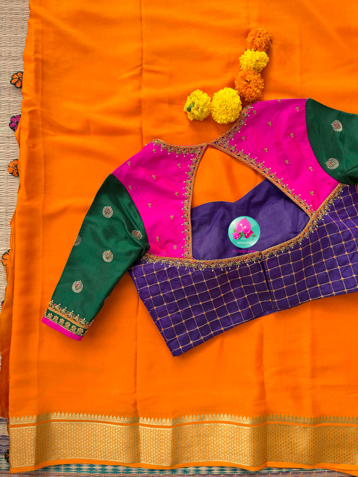 Vibrant Sunburst & Multi-Color Silk Artistry: 120gsm Pure Mysore Silk Saree with All-Over Hand-Embroidered Blouse