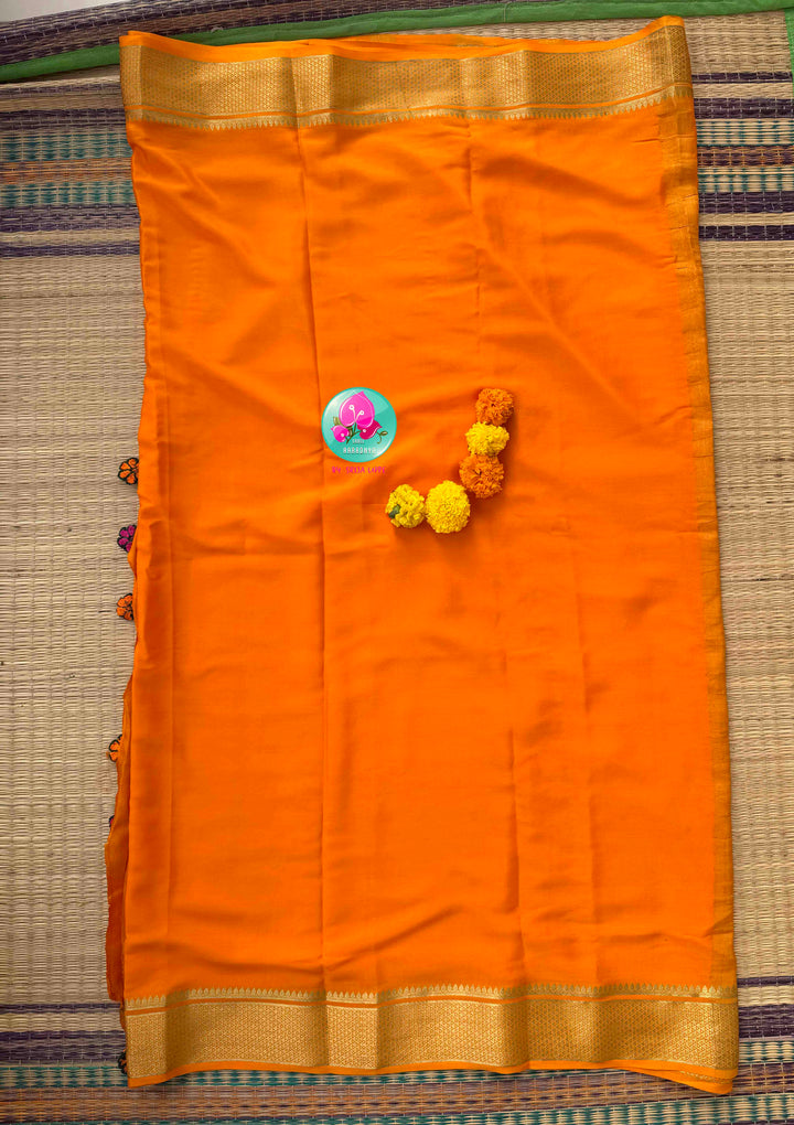 Vibrant Sunburst & Multi-Color Silk Artistry: 120gsm Pure Mysore Silk Saree with All-Over Hand-Embroidered Blouse