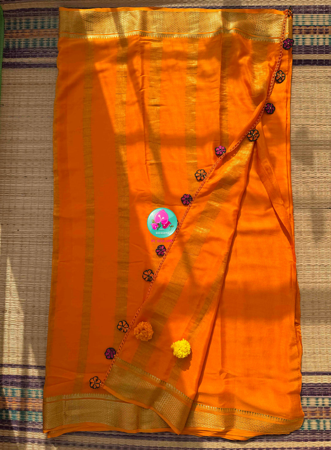 Vibrant Sunburst & Multi-Color Silk Artistry: 120gsm Pure Mysore Silk Saree with All-Over Hand-Embroidered Blouse