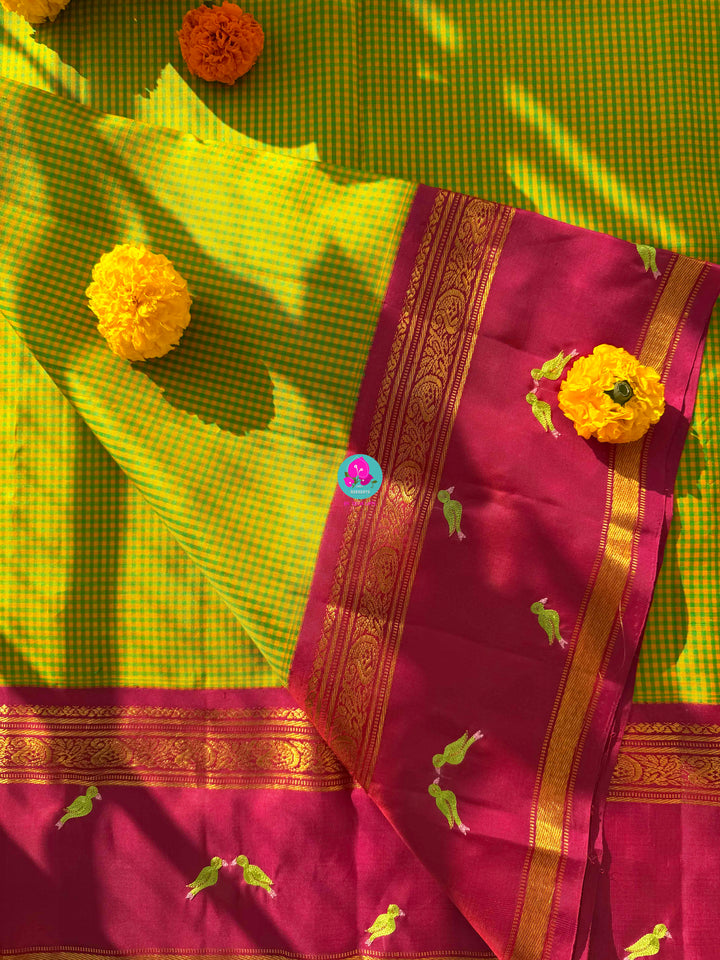 Checkered Nostalgia: Vintage Multi-Hued Kanchipattu with Hand-Embroidered Bird Artistry