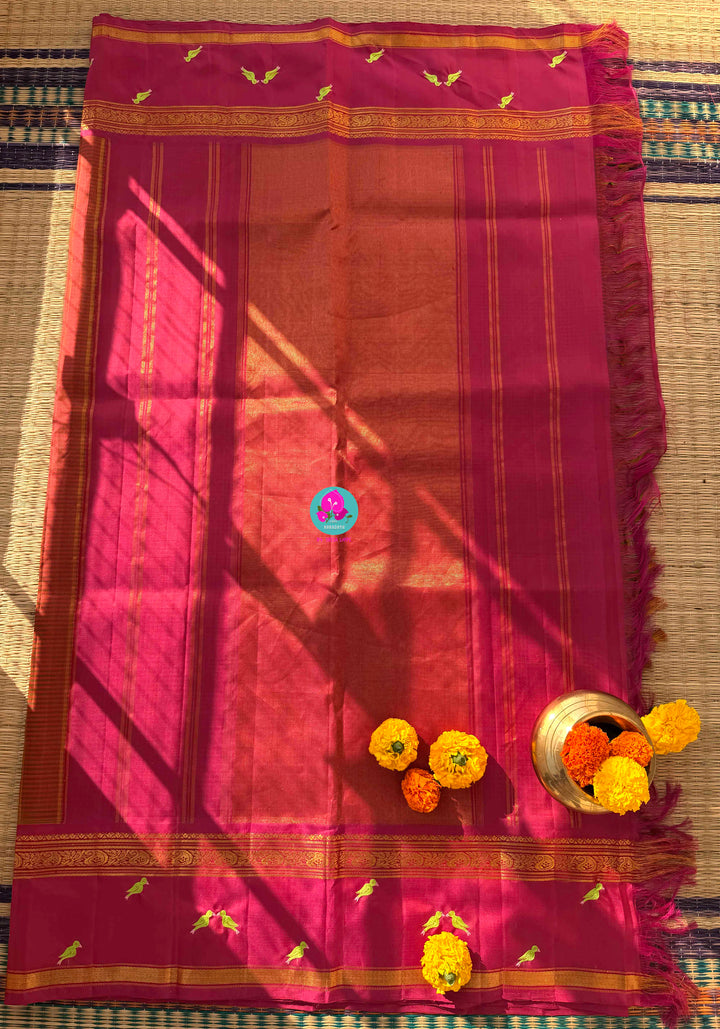 Checkered Nostalgia: Vintage Multi-Hued Kanchipattu with Hand-Embroidered Bird Artistry