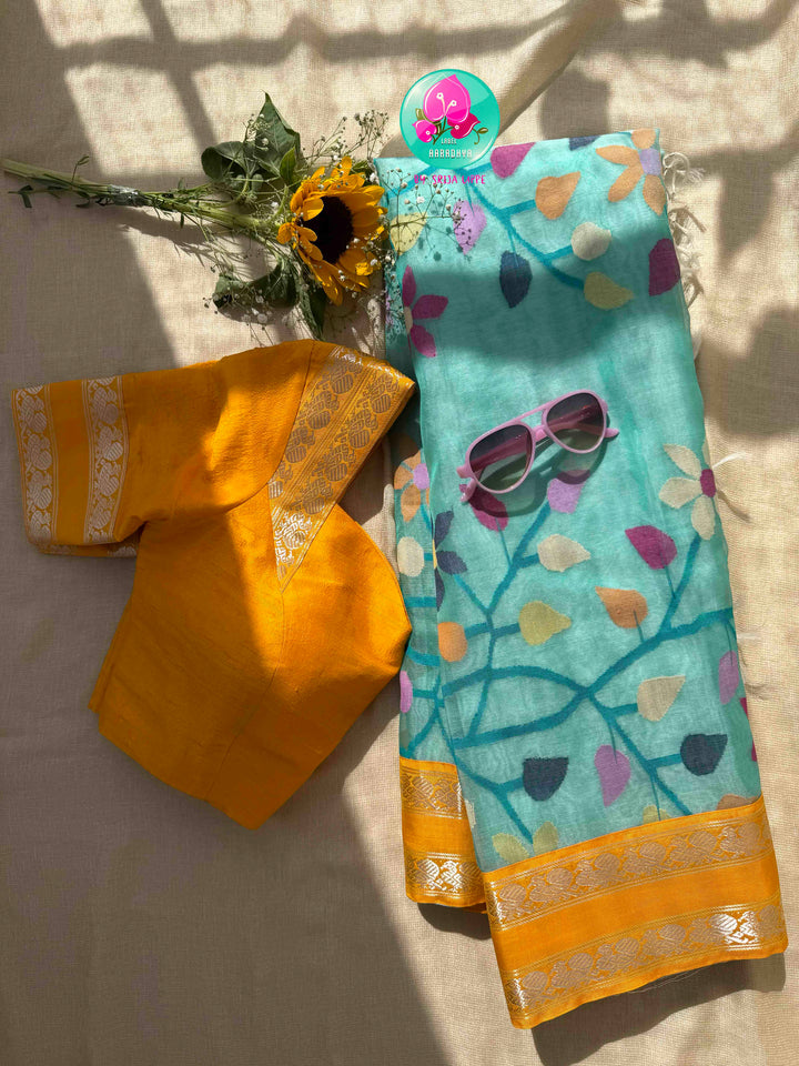 Ethereal Aquamarine & Mustard Fusion: Blue Jamdani-Kanchiorganza Silk Saree with Mustard Silk Blouse