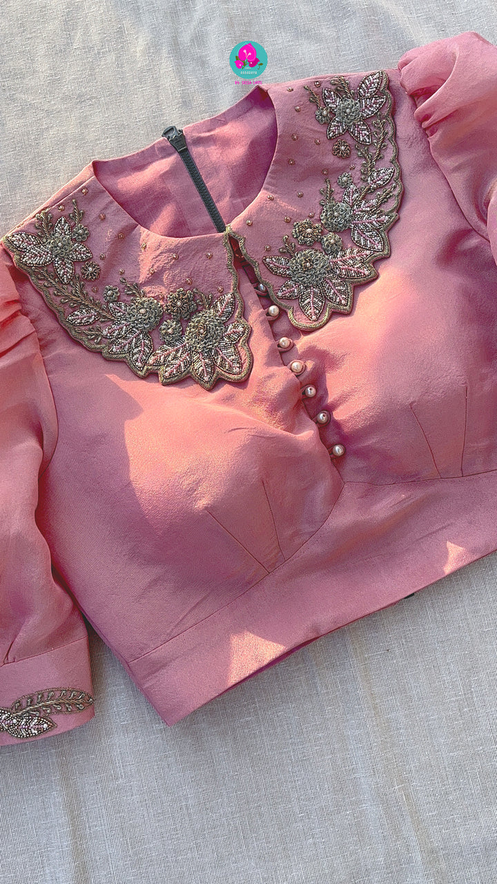 Peter Pan collared Baby pink soft tissue blouse
